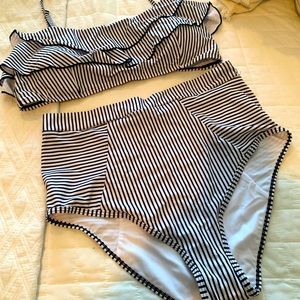 Striped Ruffle Top high-waist two piece swimsuit